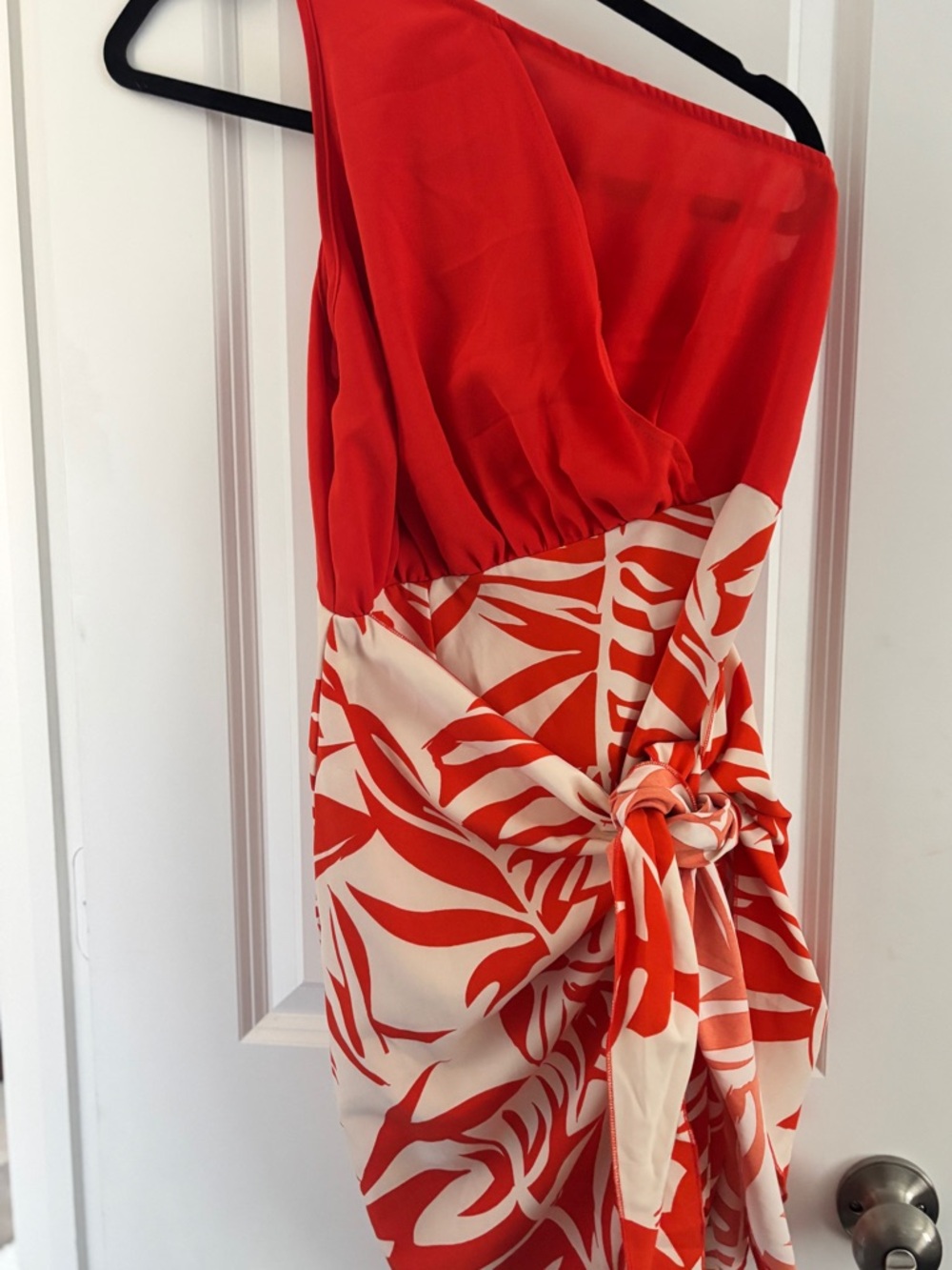 One-Shoulder Red and Cream Tropical Wrap Dress